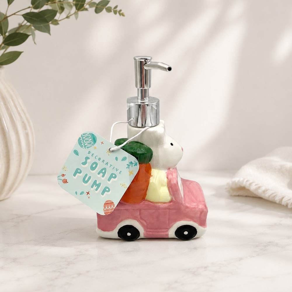 *New* Ceramic Bunny and Carrots in Car Decorative Soap Pump